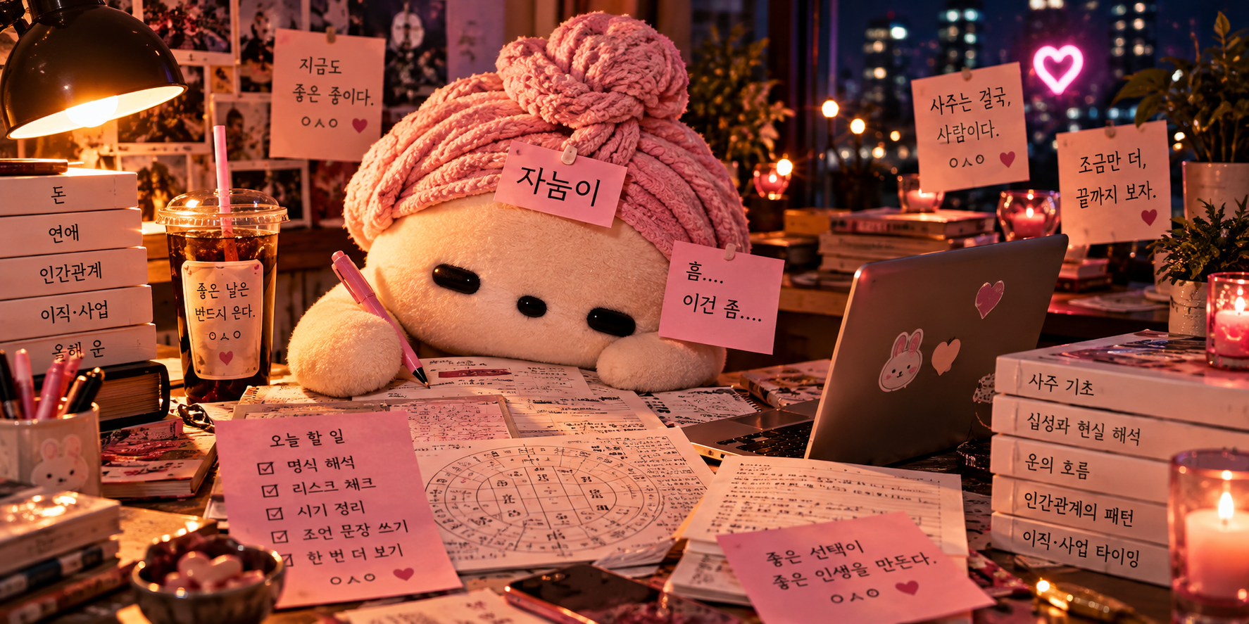 분홍 수건을 두른 자늠이가 밤 작업실 책상에서 명식을 보고 있는 모습