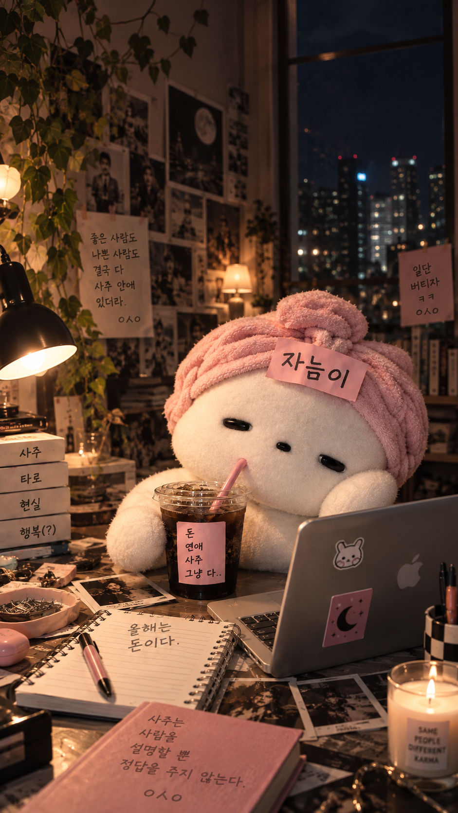 분홍 수건을 두른 자늠이가 밤 작업실에서 아이스커피와 노트북을 앞에 두고 팔자를 보는 모습