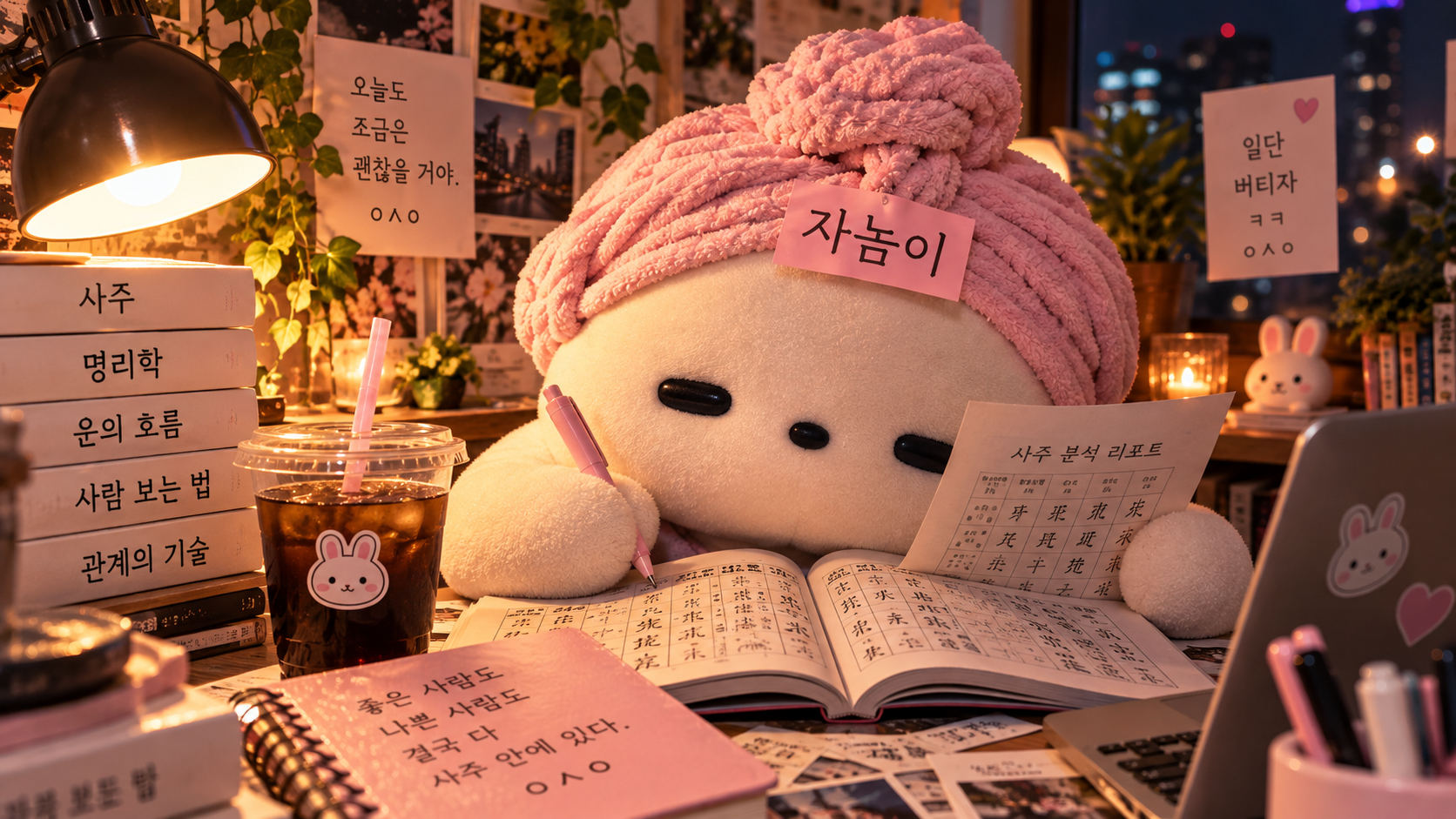 분홍 수건을 두른 자늠이가 사주 명식과 책, 아이스커피가 가득한 밤 작업실 책상에서 팔자를 뒤지는 모습